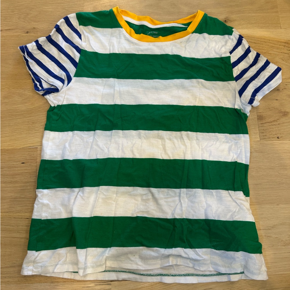 J. Crew Green and White Striped Tee with Blue Sleeves